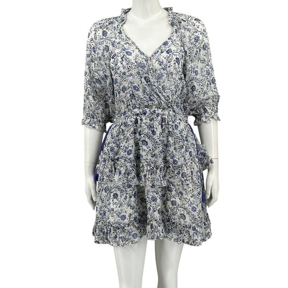 Saylor Dress Womens Medium Blue Aysha Mini‎ Metallic V-Neck Boho Fairy Ruffle - Picture 1 of 12